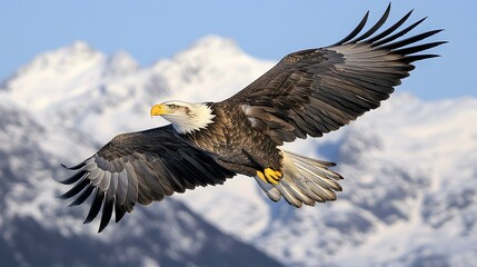 Obraz premium Majestic Bald Eagle in Flight over Snow Capped Mountains Wildlife Photography
