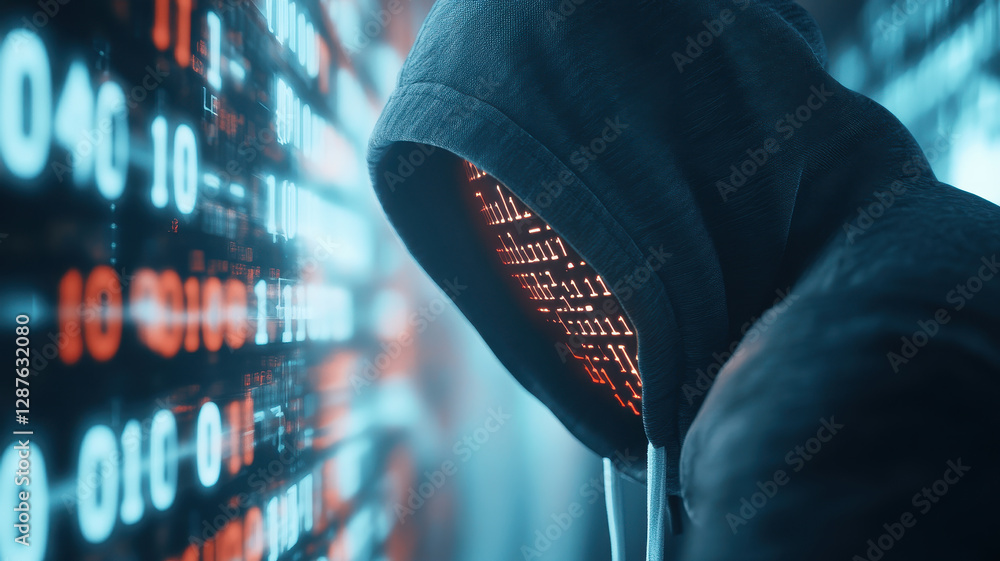Aufkleber shadowy figure in hoodie with glowing binary code, evoking mystery and intrigue