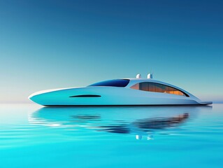 A modern yacht cruising in crystal clear waters under a bright blue sky.