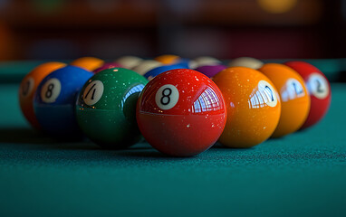 Close-Up of Vibrant Pool Balls on Green Billiard Table  
