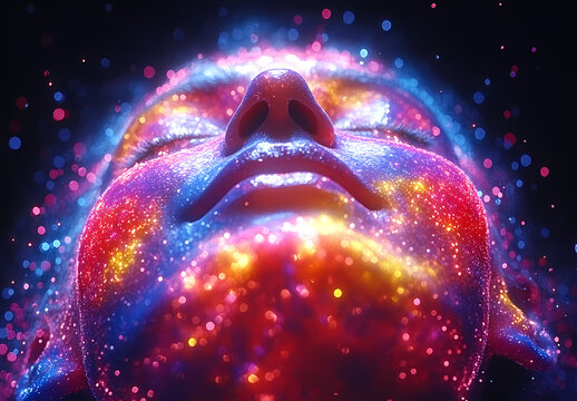Colorful cosmic portrait featuring vibrant galaxies reflected on a serene face amidst a dark background. Generative AI