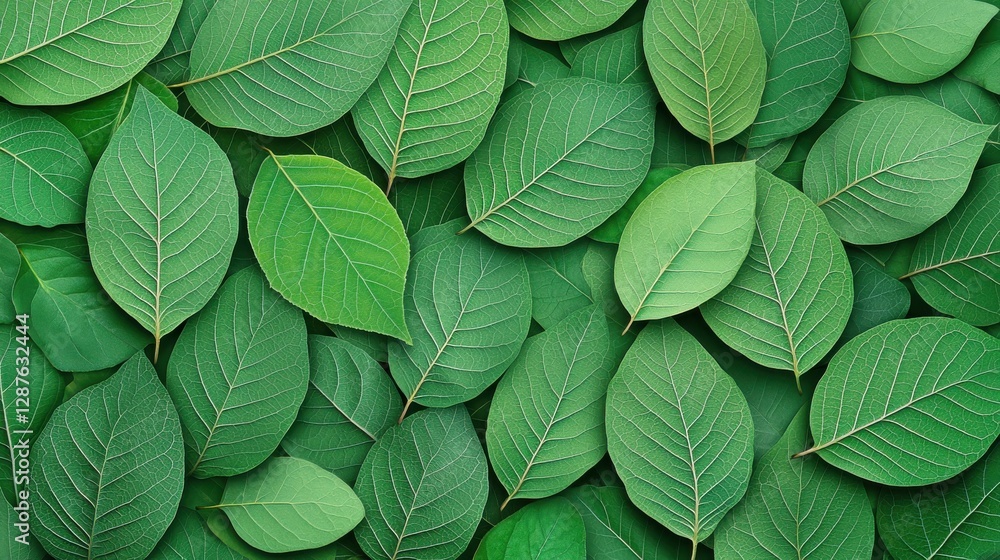 Poster a close-up view of various green leaves, showcasing different shapes and sizes, creating a lush, nat