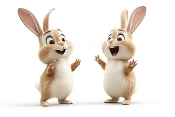 Two happy easter bunnies smiling and raising paws on white background