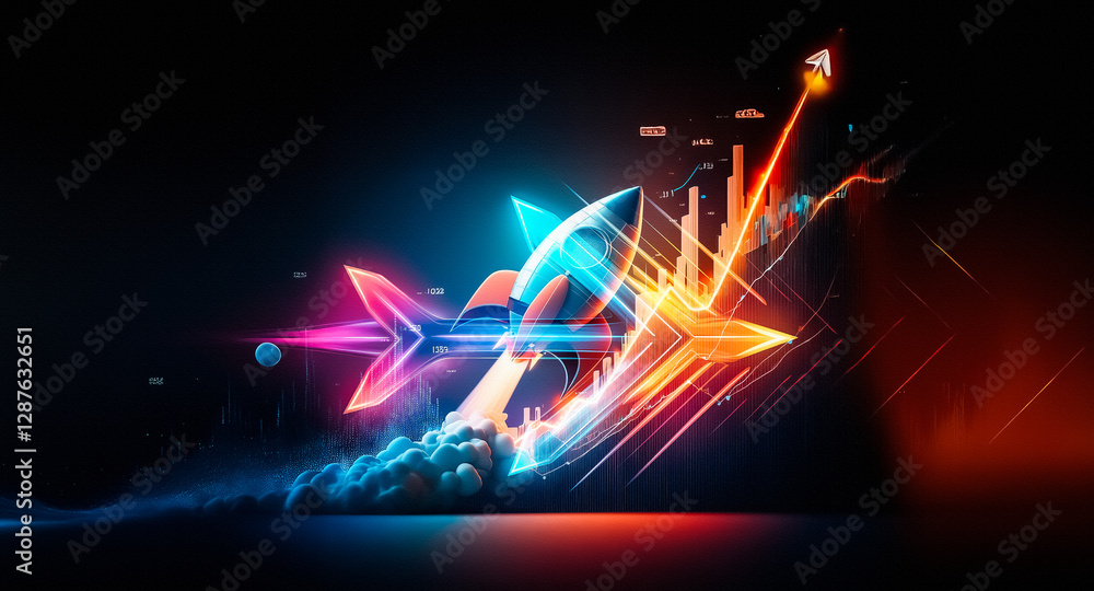Poster rocket soaring upwards with bright trail and rising graph lines against a dark backdrop, representin
