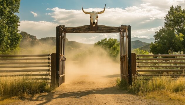 Open ranch gate with cow skull and blowing dust at sunset