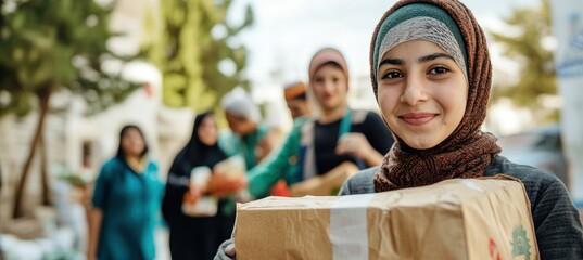 Young muslim girl carrying humanitarian aid box with volunteers distributing food in background