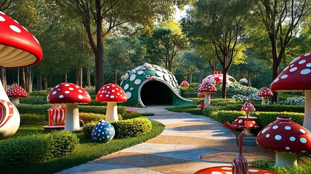 A whimsical, magical garden scene with oversized red and white mushroom houses and pathway.
