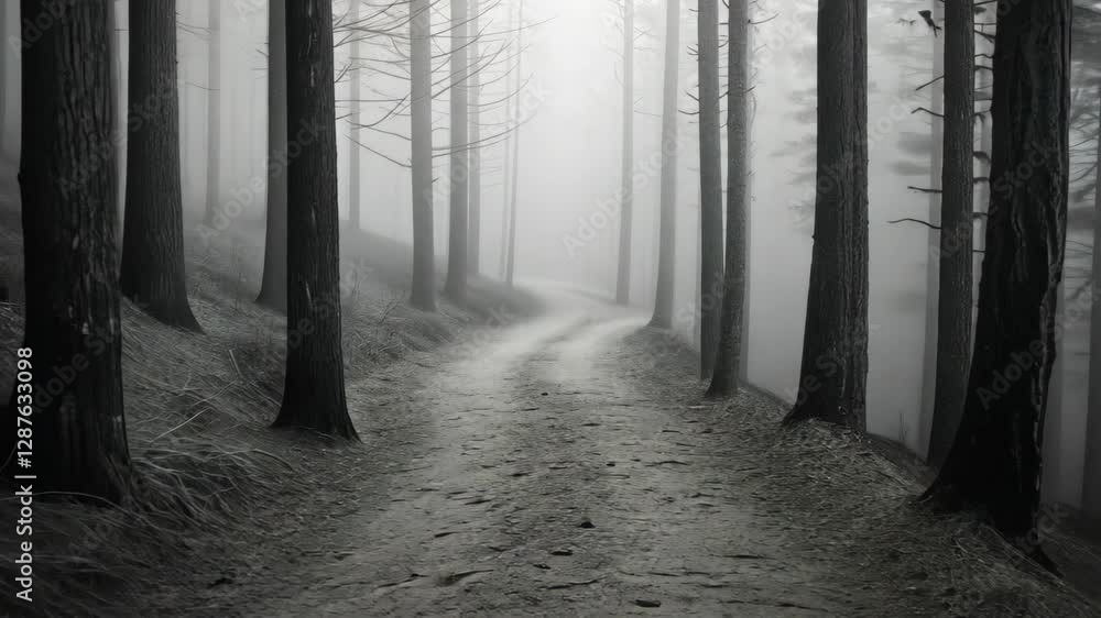 Poster mysterious foggy forest path with tall trees and misty atmosphere in monochrome for nature and adven