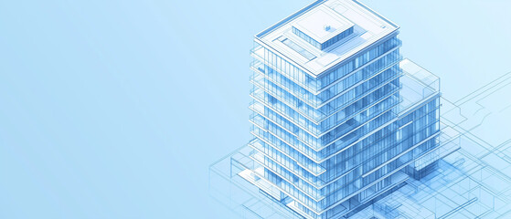 Isometric projection of a high-rise modern building, with a light blue glass façade, multiple floors, and detailed construction lines