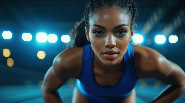 Confident woman in running gear under athletic track lights sports event indoor environment focused viewpoint