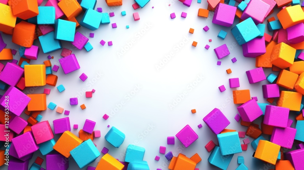 Poster dynamic colorful bricks piled abstractly studio graphic design creative environment aerial view mode