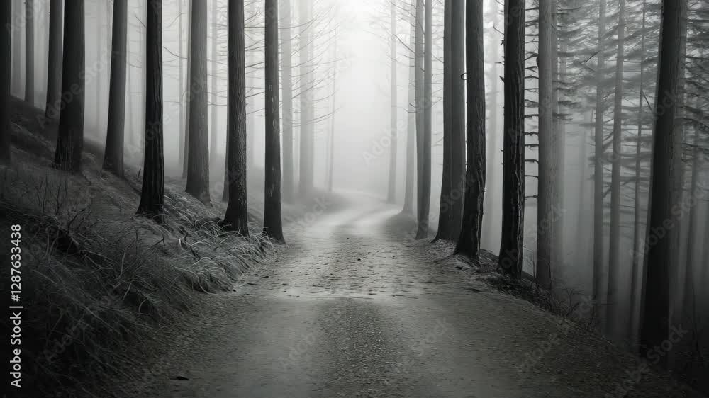 Poster mysterious foggy forest path with tall trees and misty atmosphere in monochrome for nature and adven