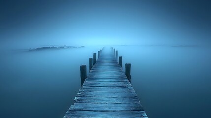 Obraz premium Serene Wooden Dock Extending into Misty Lake at Dawn Tranquil Waterscape