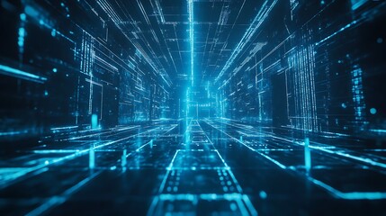 Digital Highway: A futuristic digital corridor with glowing blue lines and geometric patterns suggesting high-speed data transmission and technological advancement.