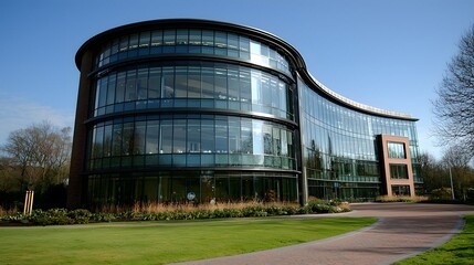 Naklejka premium Modern Glass Office Building Exterior with Landscaping Curved Design Sunny Day