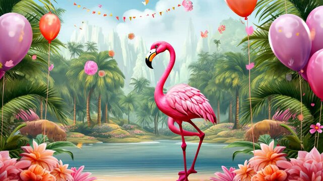 Tropical birthday banner featuring vibrant pink flamingo with balloons, lush palm trees, and colorful flowers by a serene lake, perfect for celebrating special moments in nature