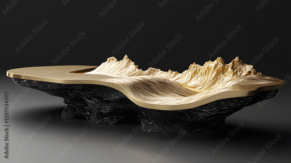 Poster black and gold abstract sculpture displayed on a white background for art and design concepts