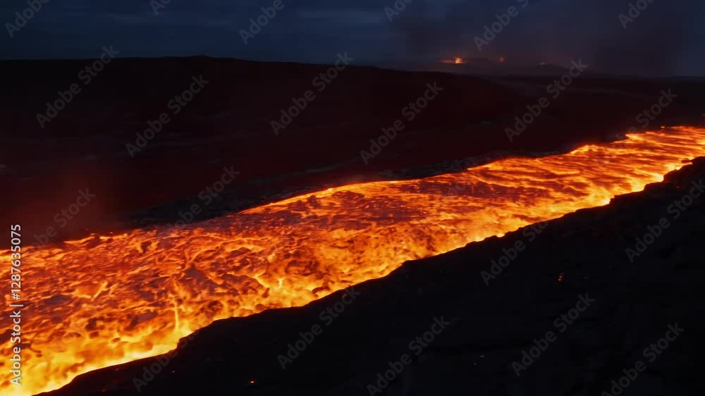 Poster tracking video of molten lava oozing slowly at night, its path illuminated by its own glow, low key 