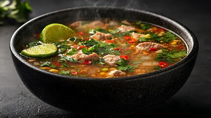 Steaming Hot Spicy Asian Meat Soup in Black Bowl Lime Garnish Cilantro