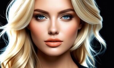 Fototapeta premium Closeup portrait of woman with blonde hair and blue eyes in dramatic lighting