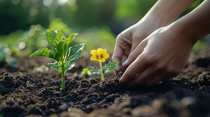 Fototapeta premium The farmer plants flowers with loving care in the soil
