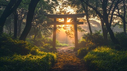 Serene Sunrise Path Through Japanese Torii Gate in Misty Forest