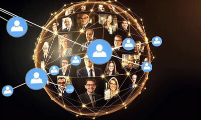 Professional network visualized with diverse individuals connected in a digital sphere, showcasing collaboration - Powered by Adobe