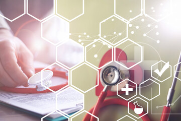 Stethoscope, puzzle heart, prescriptions. Double exposure in composition. Doctor`s desk in the clinic's office.