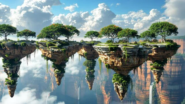 Floating islands amidst verdant skies with cloud reflections and lush trees