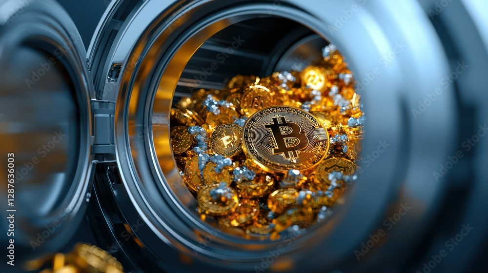 Poster bitcoin vault: a close-up shot of a bitcoin symbol on a coin resting within a bank vault, alongside 