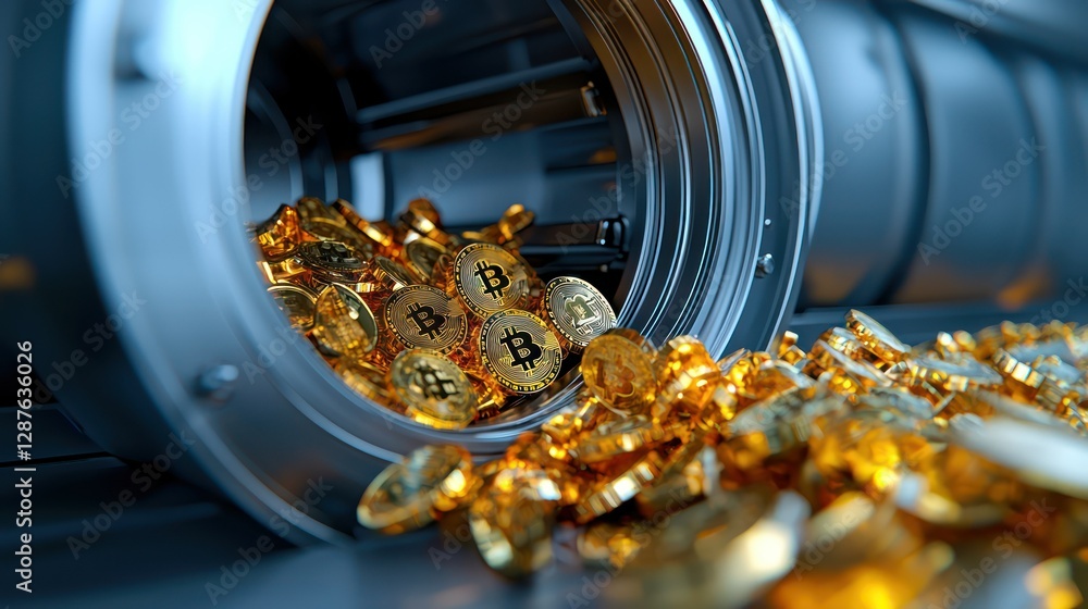 Poster bitcoin overflow: a cylindrical container spills out a cascade of shiny bitcoin coins, illustrating 