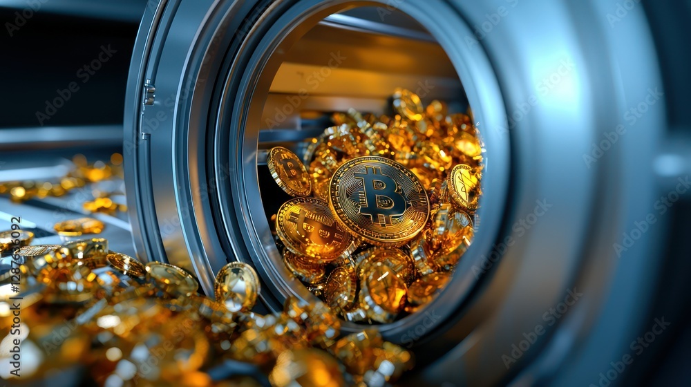 Poster cryptocurrency vault: an image capturing a close-up of a secure vault overflowing with gleaming digi