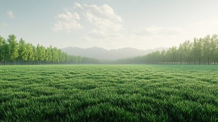 Fototapeta premium Lush green lawn leading to tree line in serene landscape outdoor nature scene tranquil environment