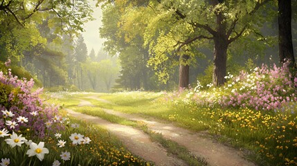 Sunlit Forest Path with Blooming Wildflowers