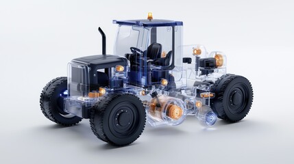 Obraz premium Transparent Tractor: A detailed, see-through illustration of a tractor, showcasing its internal mechanical components and systems, perfect for educational or industrial use.