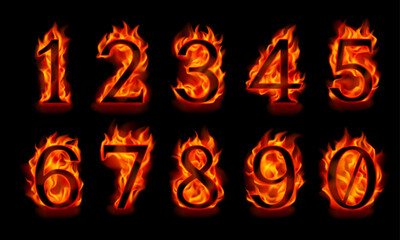 Fire numbers 1, 2, 3, 4, 5, 6, 7, 8, 9, 0 isolated on a black background. Black figures in orange flames. Vector illustration. 