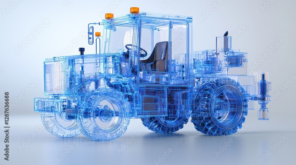 Poster transparent tractor: a futuristic, transparent rendering of a powerful tractor, showcasing its inter
