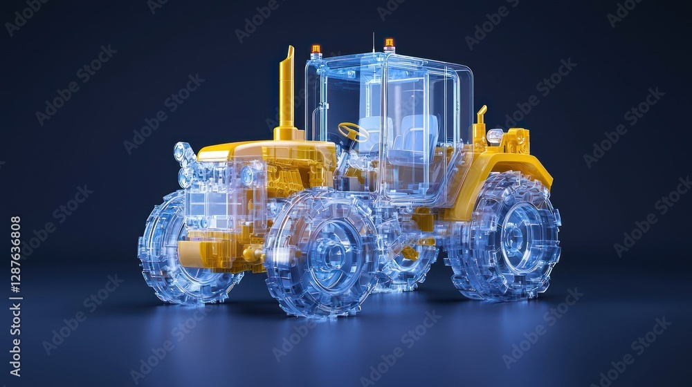 Poster technological blueprint: a conceptual representation of a robust tractor, rendered in a futuristic, 