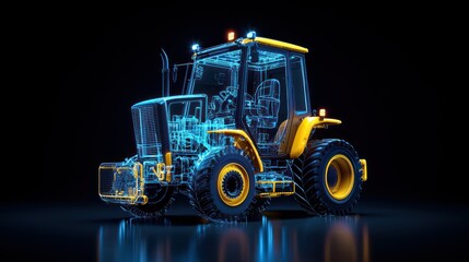 Industrial Blueprint: A captivating, high-tech blueprint visualization of a heavy-duty tractor, showcasing its intricate internal workings and robust design, poised against a sleek, dark background.
