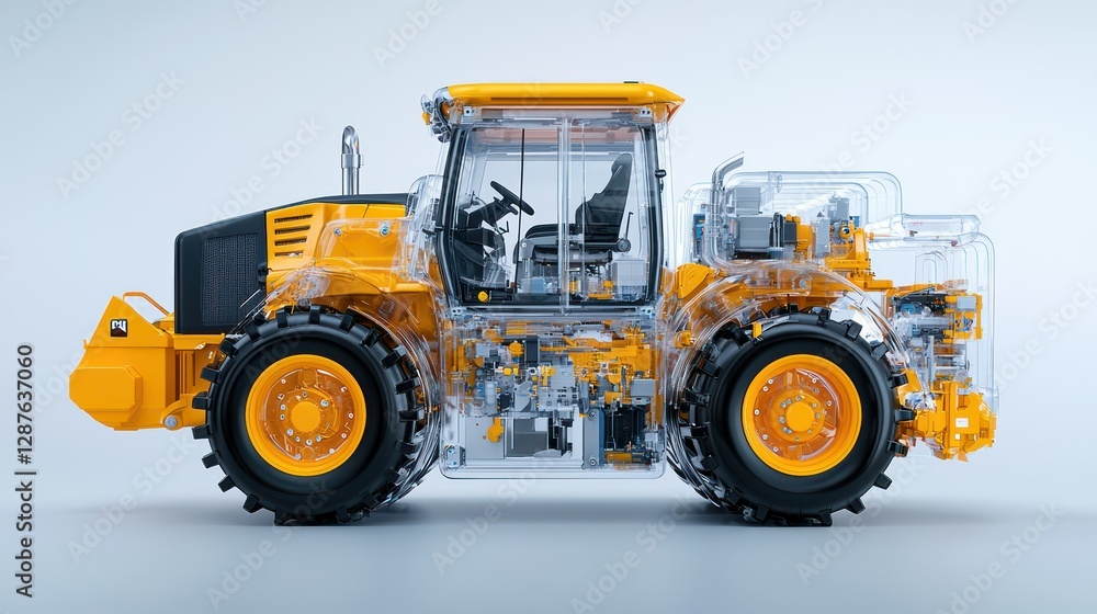 Poster transparency in motion: a construction vehicle showcases its inner workings through a transparent ov