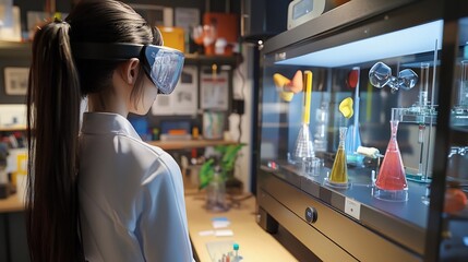 Scientist Viewing Colorful Chemistry Lab Display through Protective Goggles