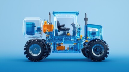 Fototapeta premium Blue Tractor Blueprint: An artistic, semi-transparent view unveils the intricate workings of a modern tractor, showcasing its internal mechanisms against a vibrant blue backdrop.