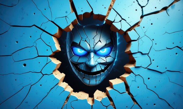Animated evil robot face breaks through blue wall with cracks