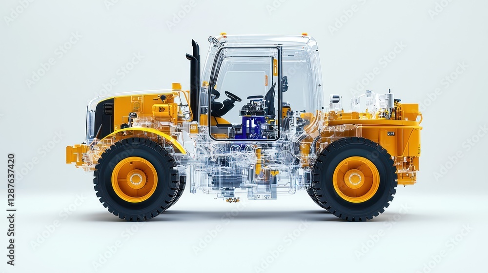 Poster yellow loader machine: an intricate see-through rendering of a powerful yellow loader, showcasing th