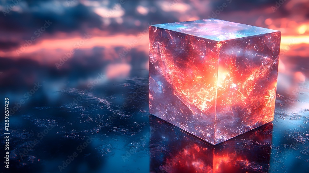 Poster glowing transparent cube platform against soft blue and white gradient for tech product presentation