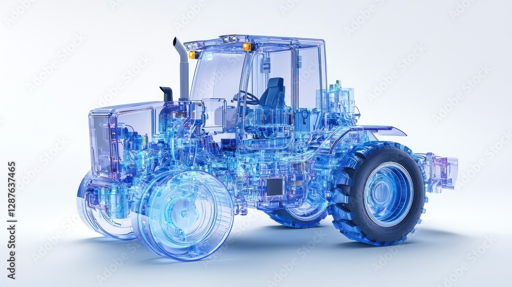 Poster tractor blueprint: a detailed, transparent blueprint-style rendering of a modern tractor, showcasing