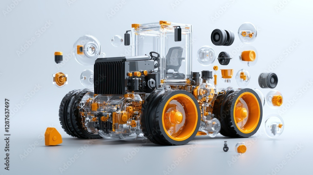 Poster deconstructed power: an exploded view of a robust tractor, revealing its intricate mechanics and des