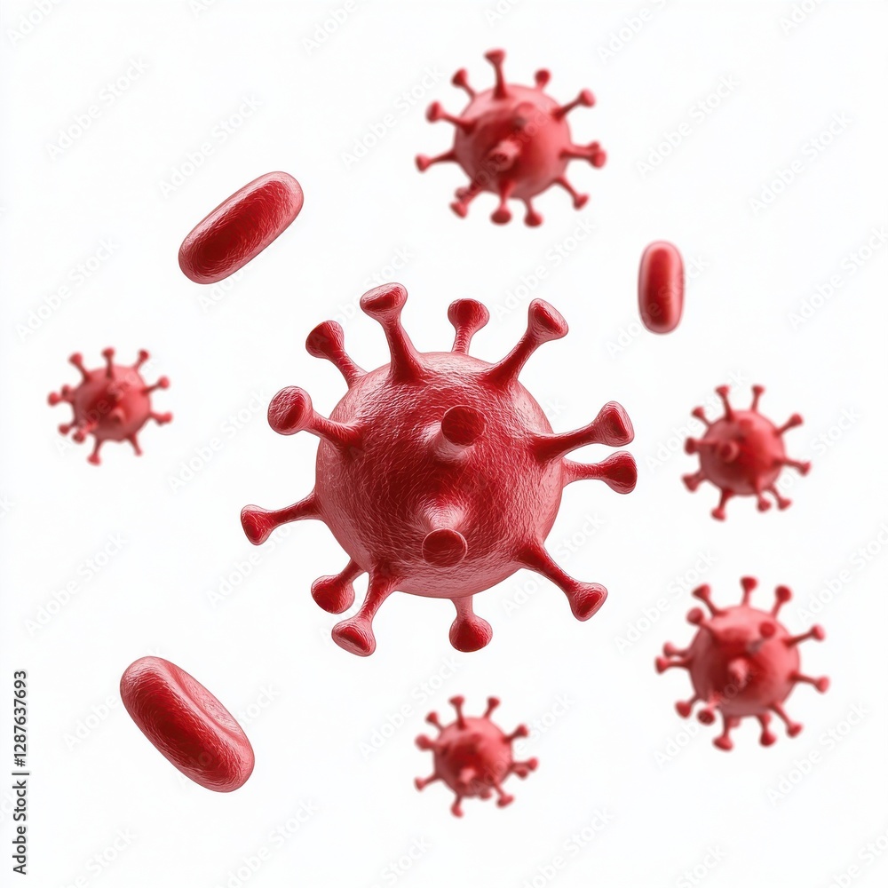 Poster a vibrant representation of red viruses and bacteria, showcasing their unique shapes and structures 