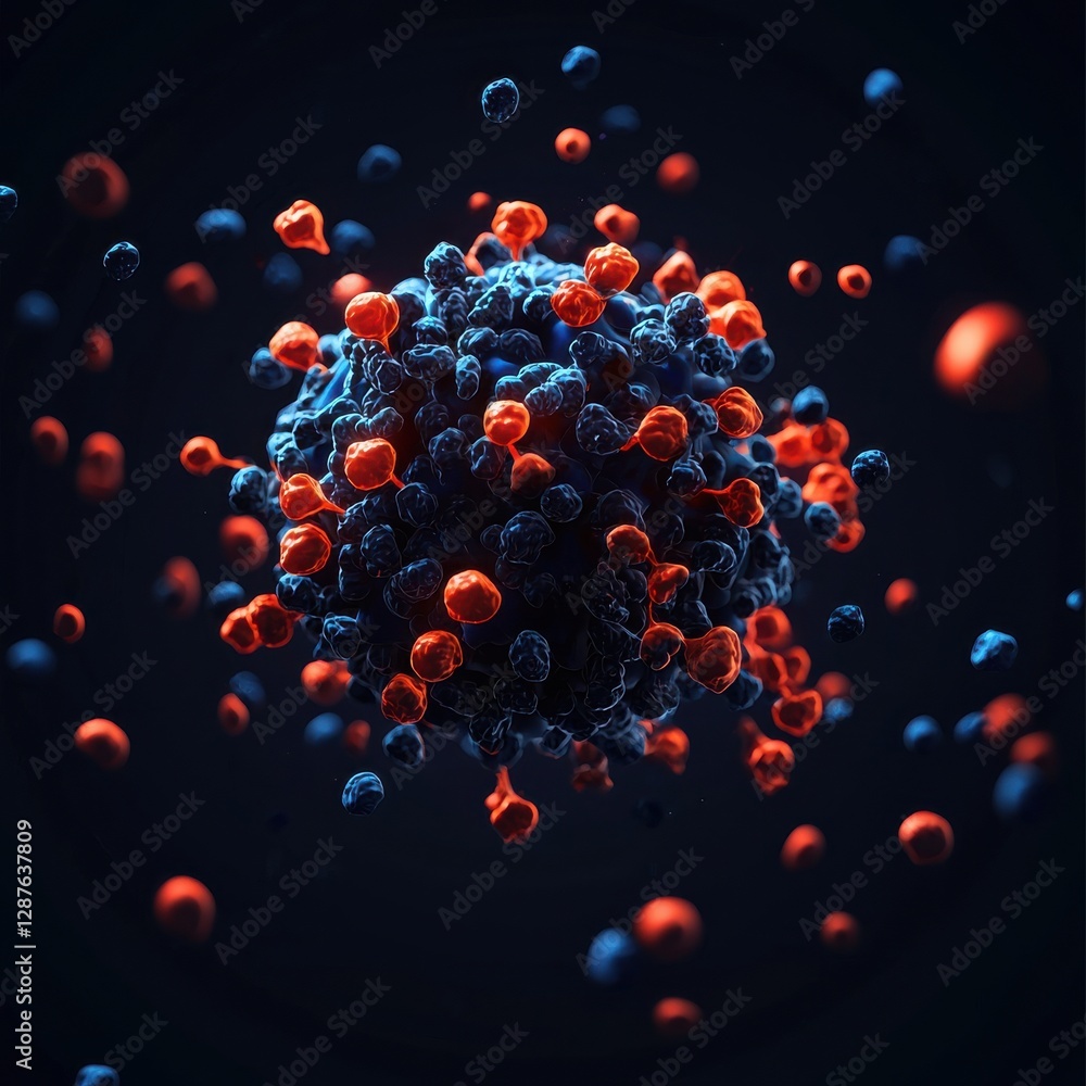 Aufkleber a vibrant, abstract depiction of a virus with red and blue particles against a dark background, illu