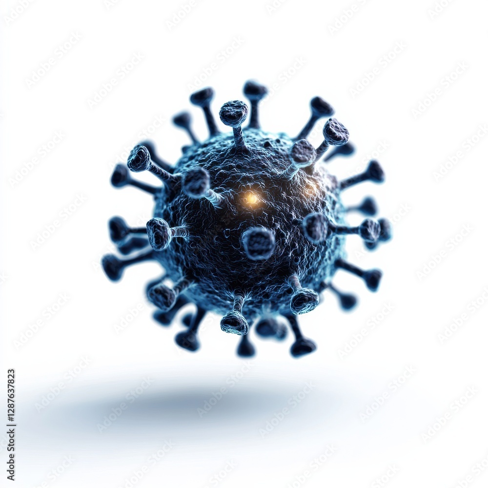 Poster a detailed 3d rendering of a virus, showcasing its structure with spikes, set against a light backgr